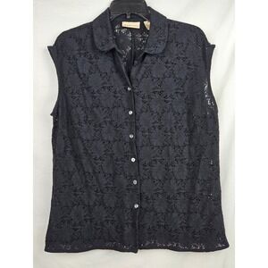 Apostrophe Black Floral Lace Sleeveless Button Down Shirt Top XL Whimsigoth